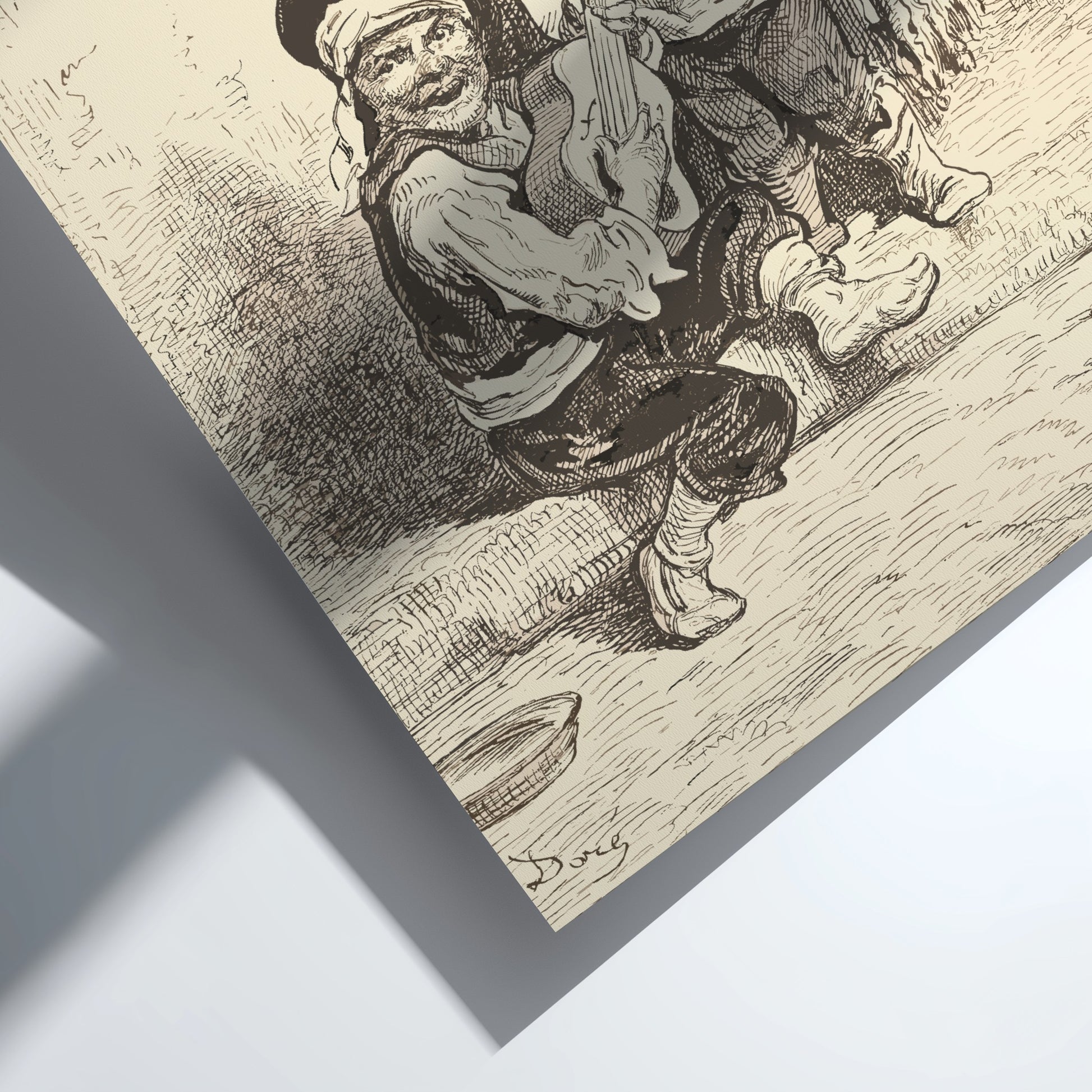 Vintage etching poster of two children playing music outside a church door, Nicolas-Toussaint Charlet.