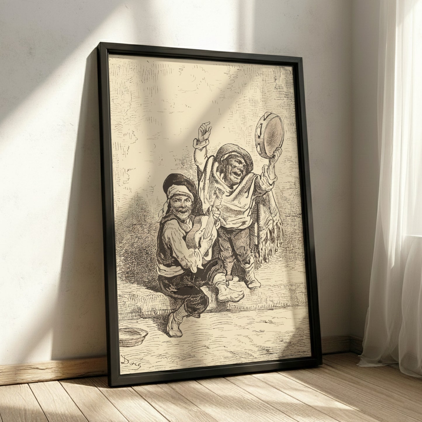 Vintage etching poster of two children playing music outside a church door, Nicolas-Toussaint Charlet.