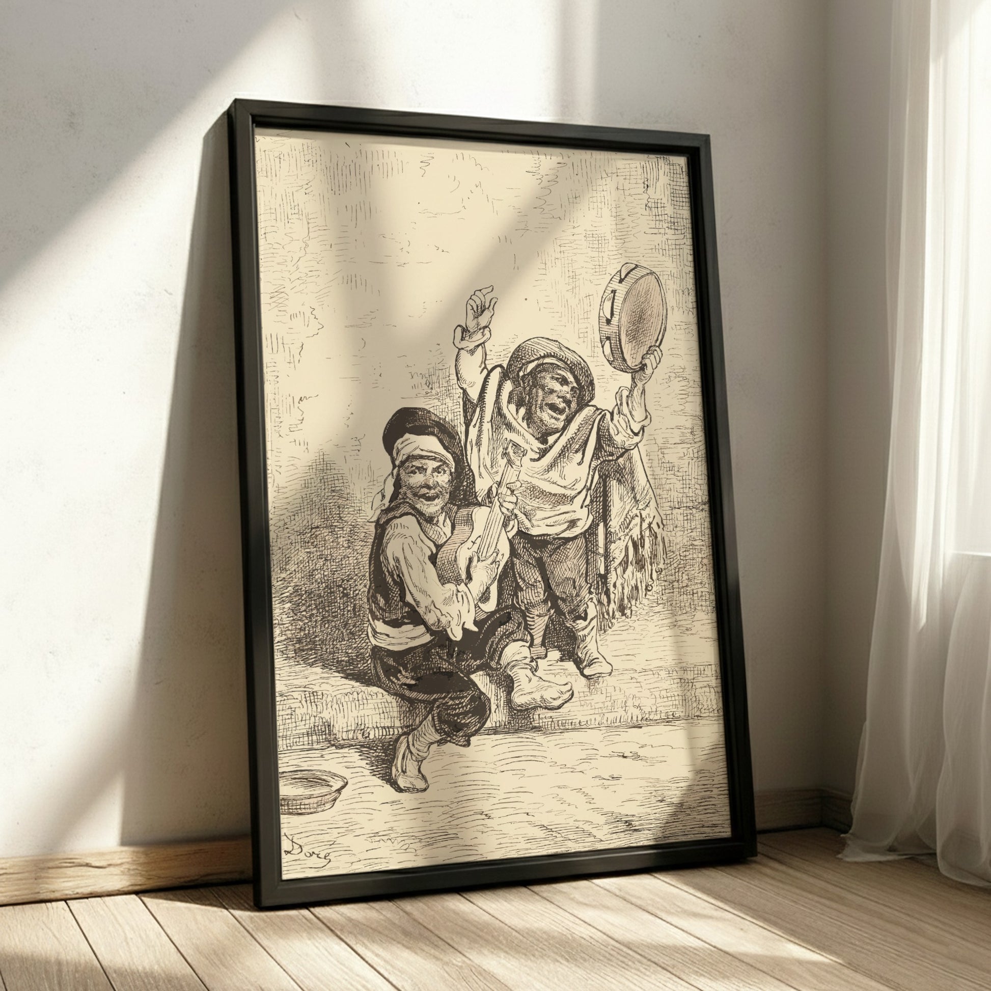 Vintage etching poster of two children playing music outside a church door, Nicolas-Toussaint Charlet.