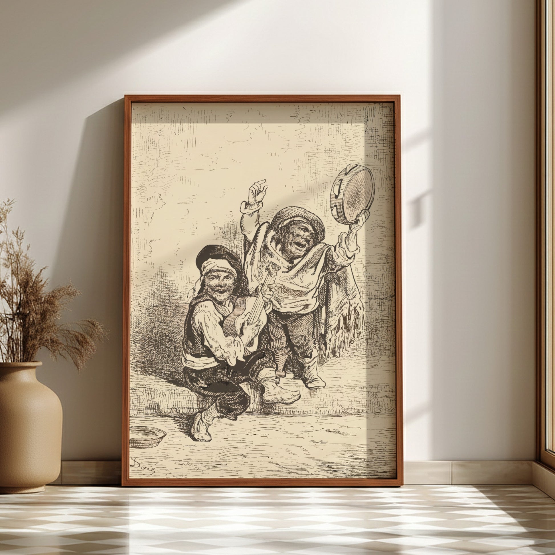 Vintage etching poster of two children playing music outside a church door, Nicolas-Toussaint Charlet.