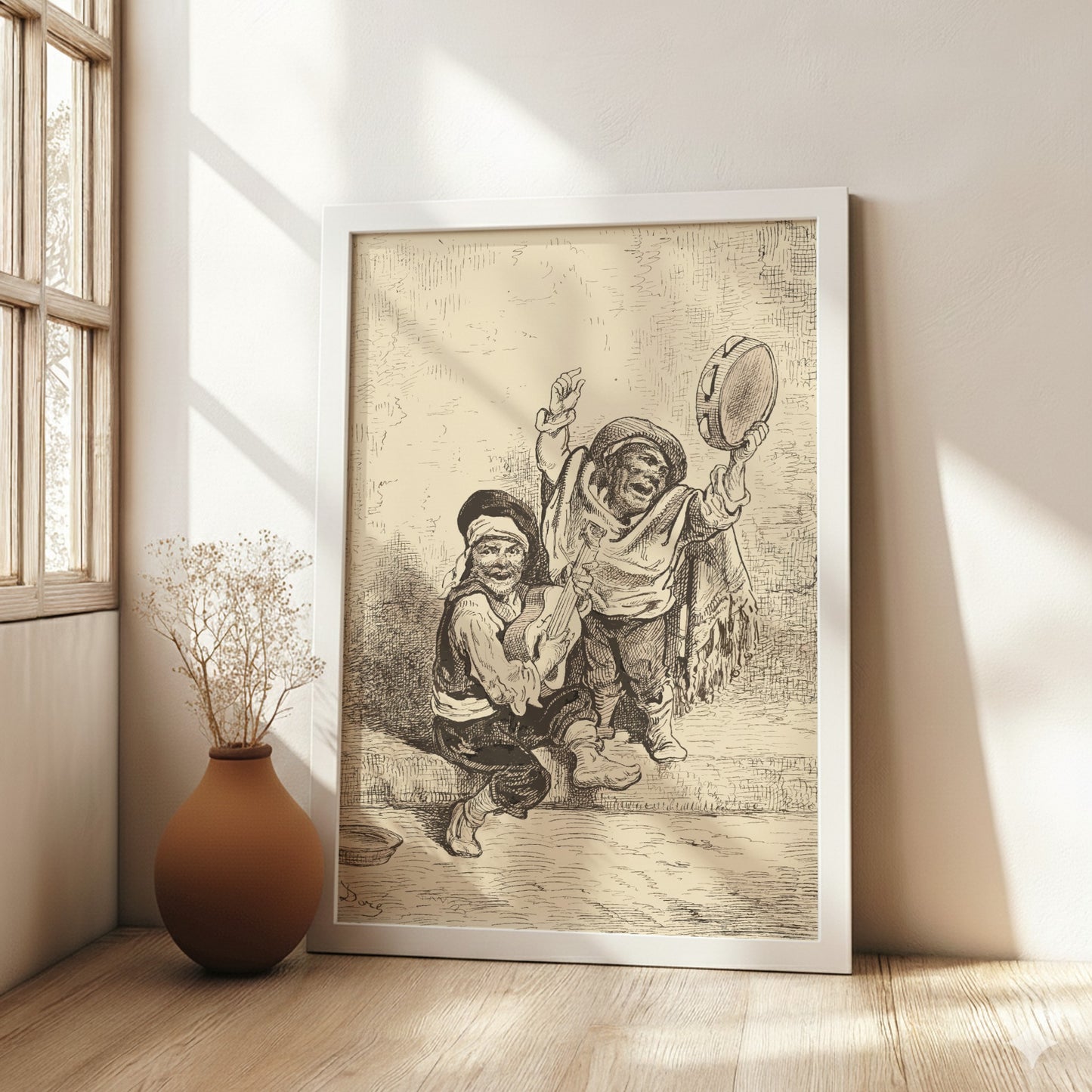 Vintage etching poster of two children playing music outside a church door, Nicolas-Toussaint Charlet.