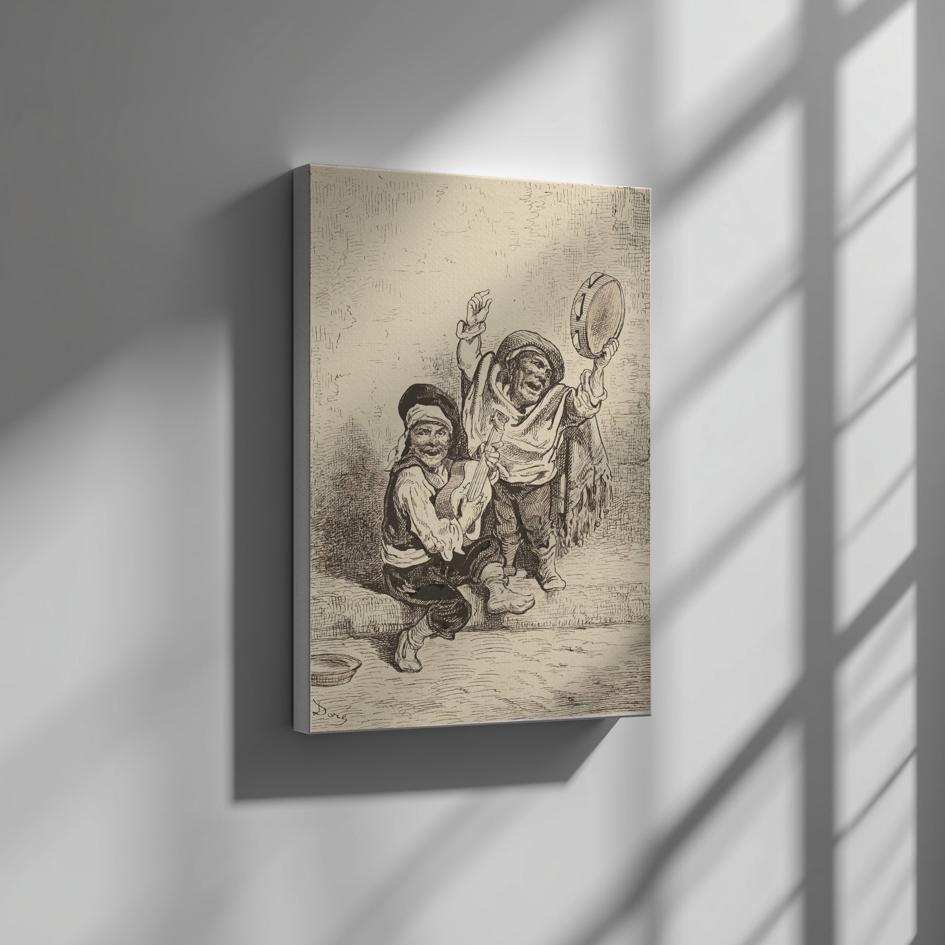 Vintage etching poster of two children playing music outside a church door, Nicolas-Toussaint Charlet.