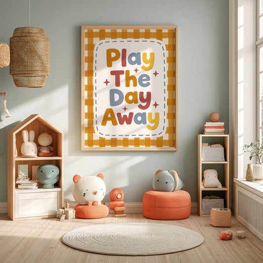 Kids room poster featuring playful typography in warm colors, ideal for nursery decor.