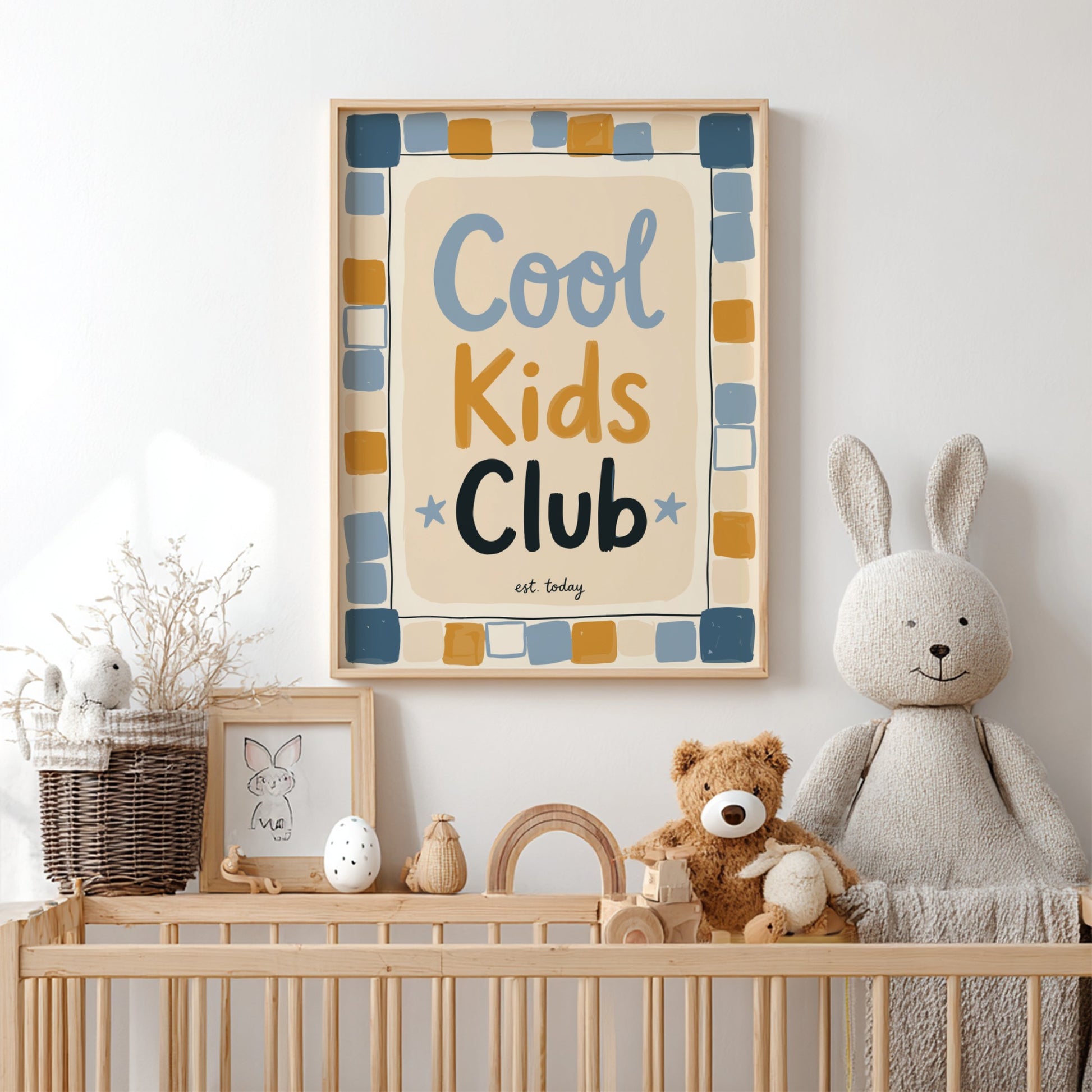 Cool Kids Club poster featuring playful design with soft colors, ideal for kids room decor and nursery