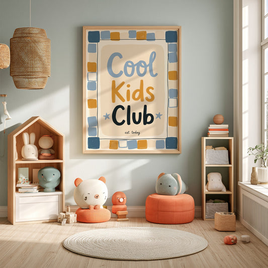 Cool Kids Club poster featuring playful design with soft colors, ideal for kids room decor and nursery