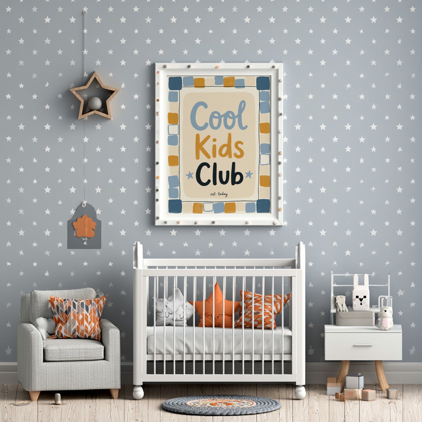 Cool Kids Club poster featuring playful design with soft colors, ideal for kids room decor and nursery
