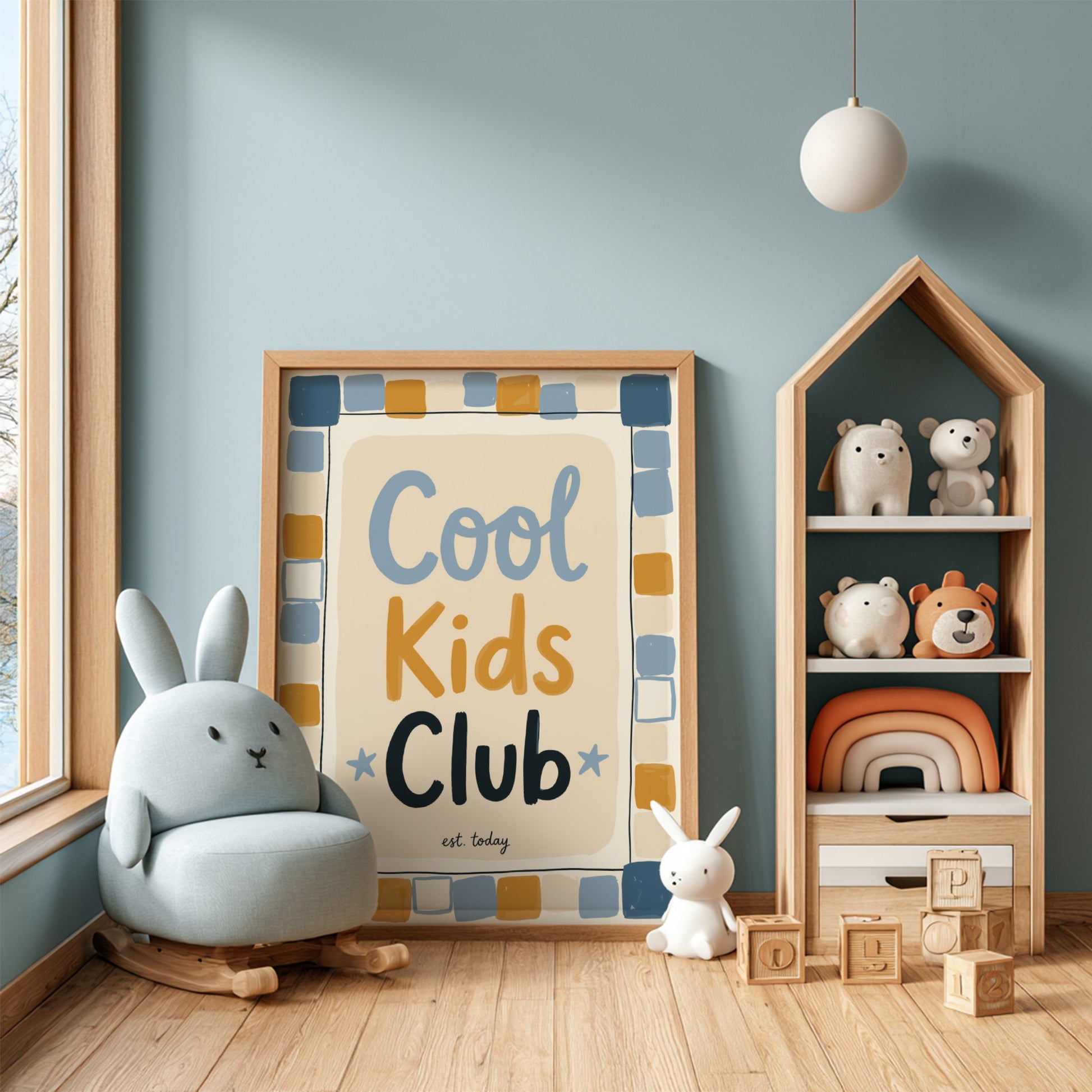 Cool Kids Club poster featuring playful design with soft colors, ideal for kids room decor and nursery