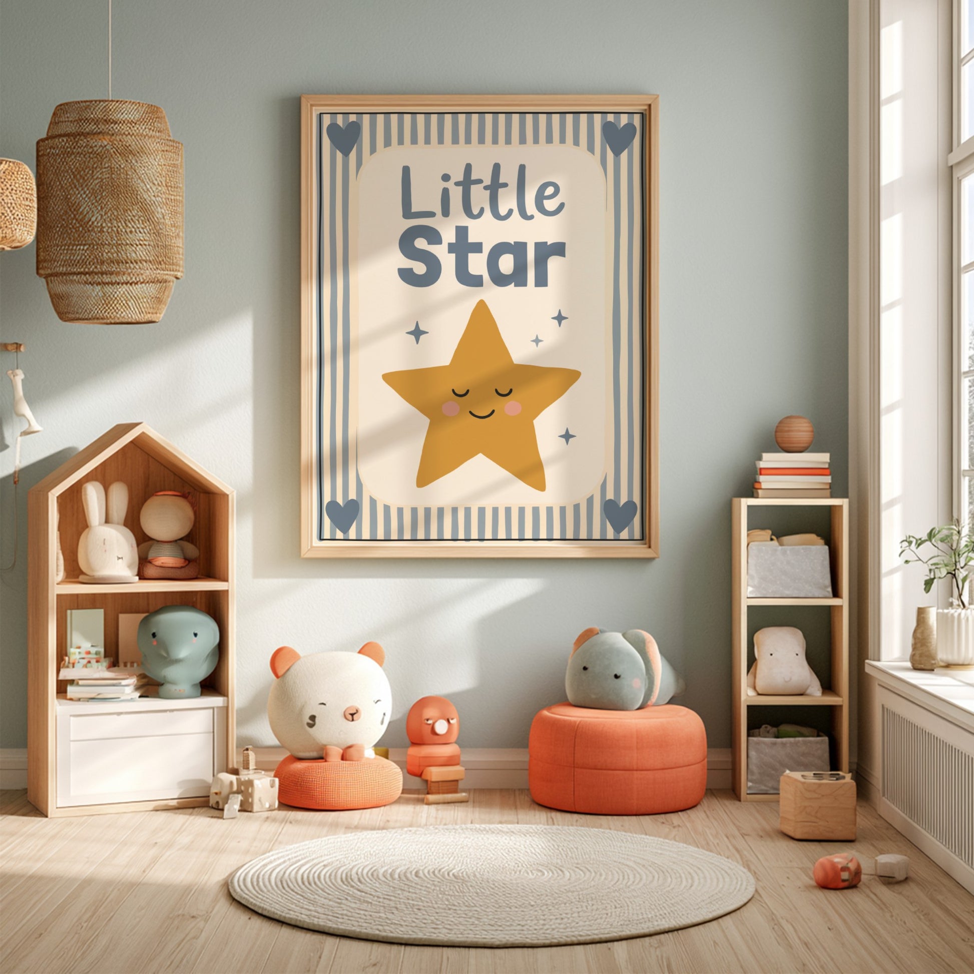 Kids room poster featuring a hand-painted golden star with a smiling face, ideal for nursery decor.