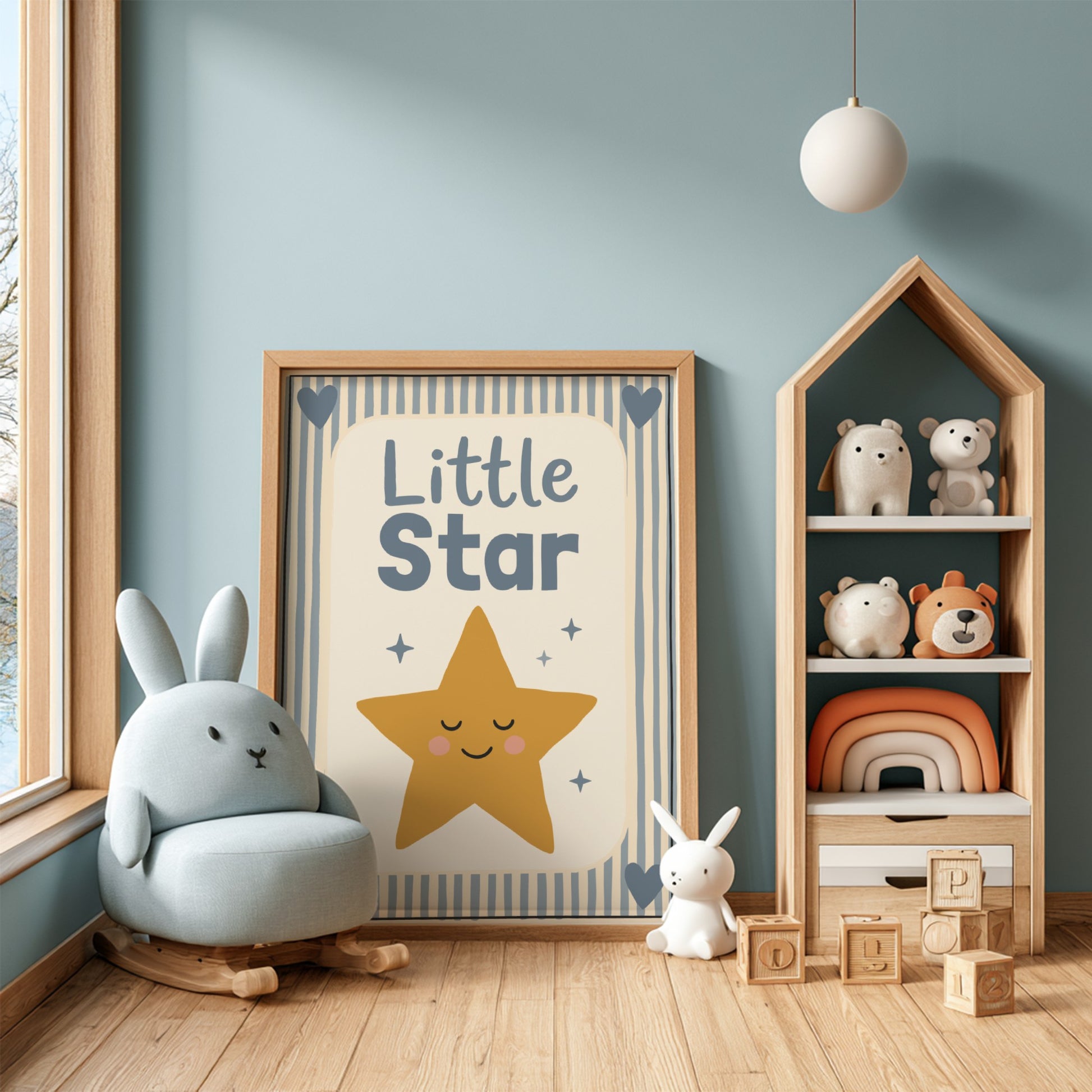 Kids room poster featuring a hand-painted golden star with a smiling face, ideal for nursery decor.