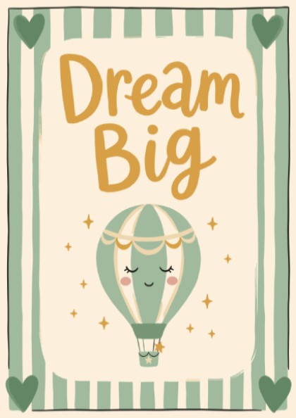 Kids room poster featuring a whimsical hot air balloon in soft colors, perfect for nursery decor.