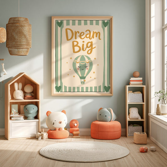 Kids room poster featuring a whimsical hot air balloon in soft colors, perfect for nursery decor.