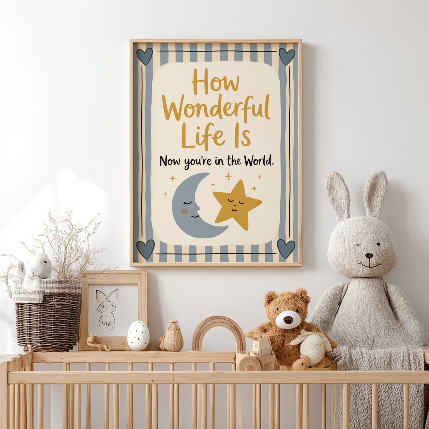 Kids room poster featuring a smiling star and crescent moon in pastel colors, perfect for nursery decor.
