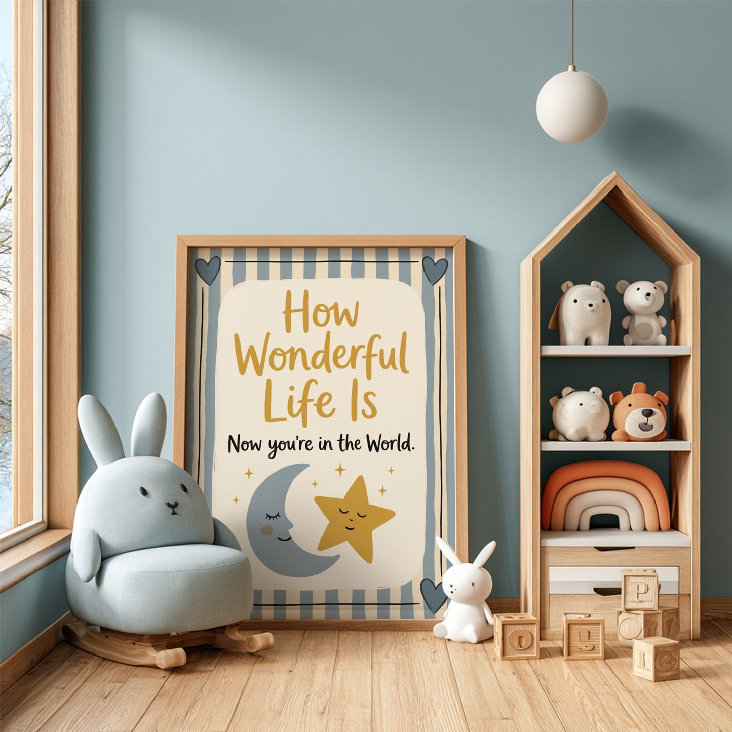 Kids room poster featuring a smiling star and crescent moon in pastel colors, perfect for nursery decor.