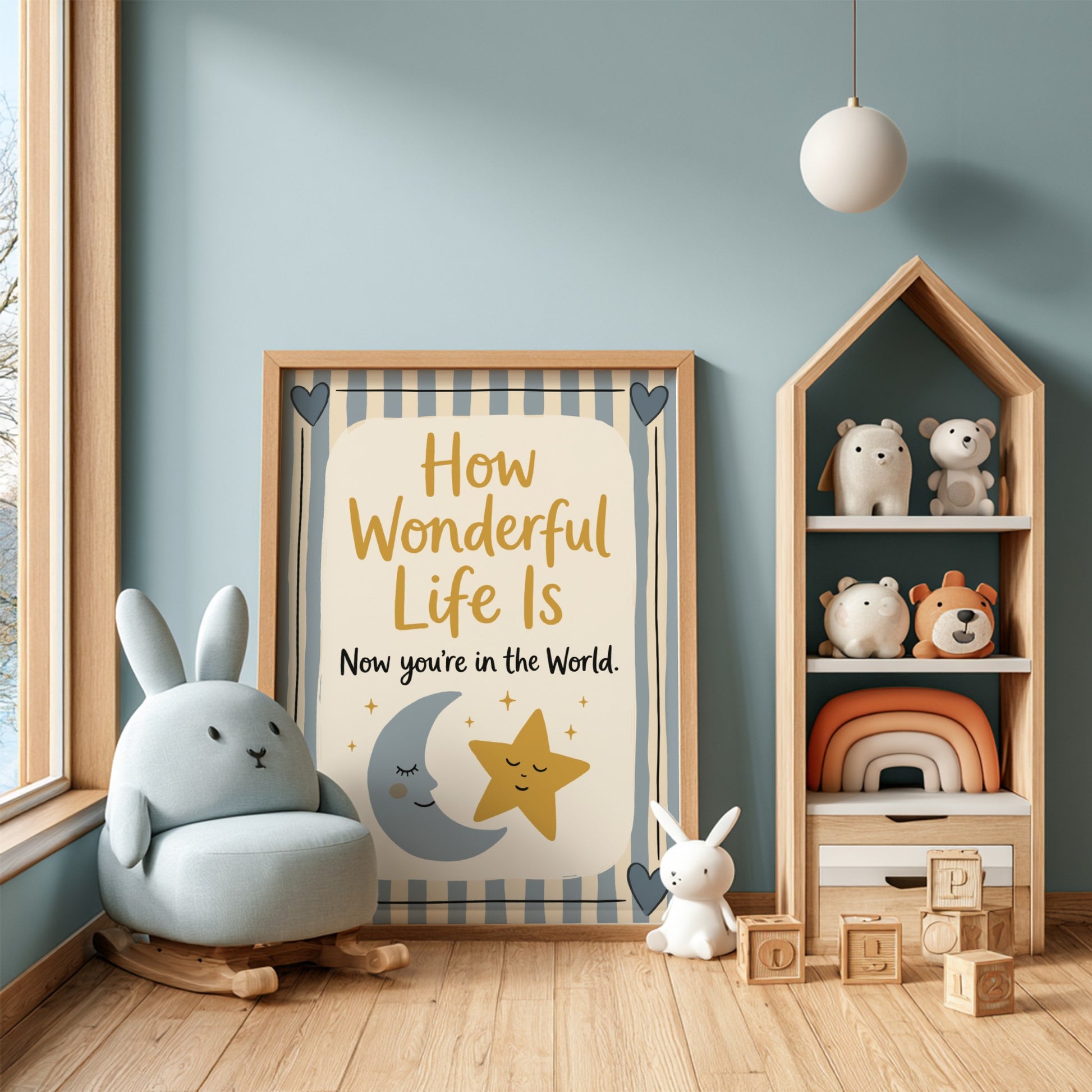 Kids room poster featuring a smiling star and crescent moon in pastel colors, perfect for nursery decor.