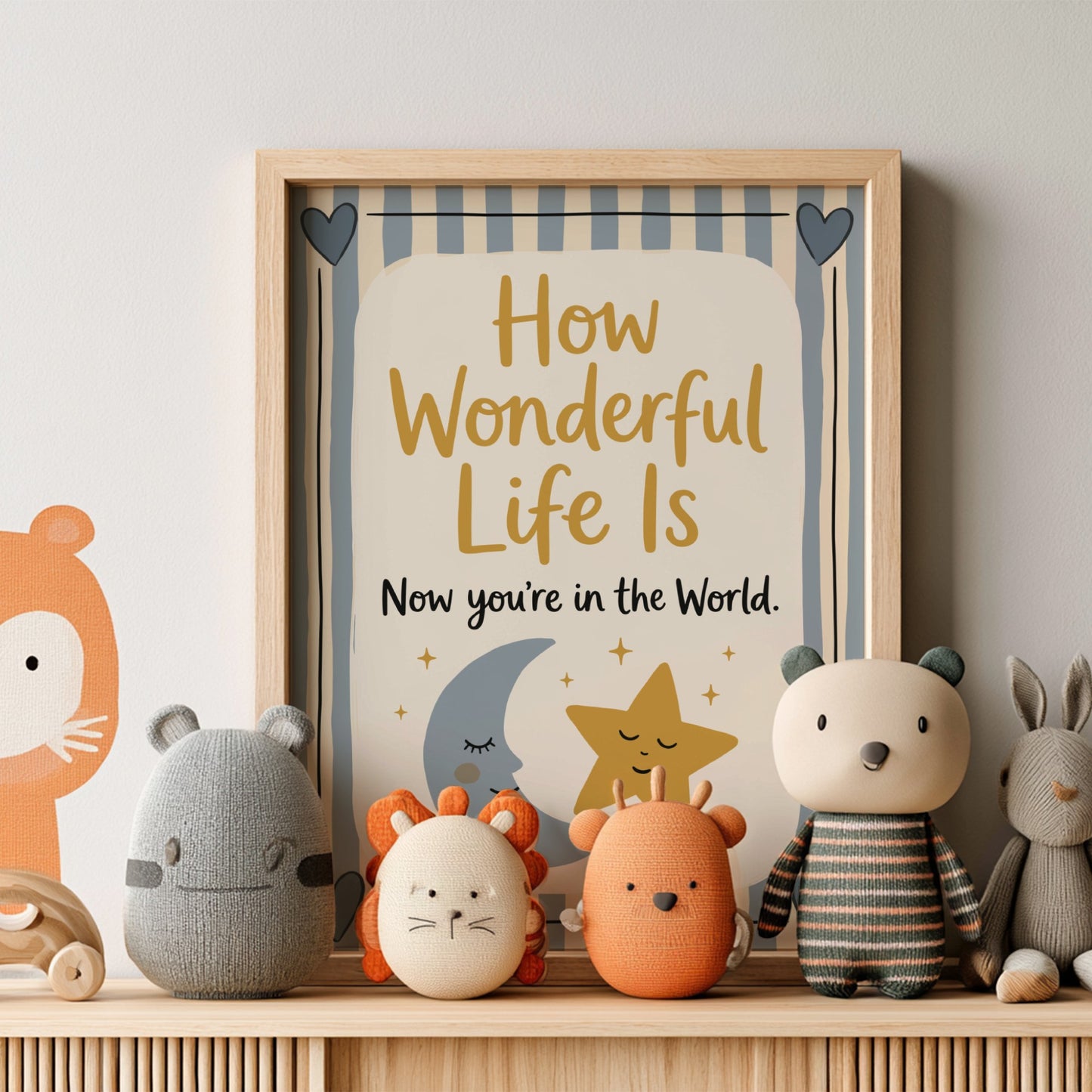 Kids room poster featuring a smiling star and crescent moon in pastel colors, perfect for nursery decor.