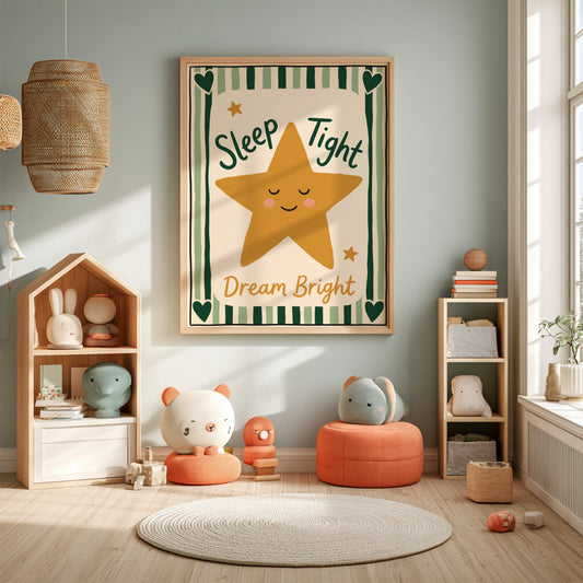 Kids room poster featuring a cheerful golden star and soothing colors, perfect for nursery decor.