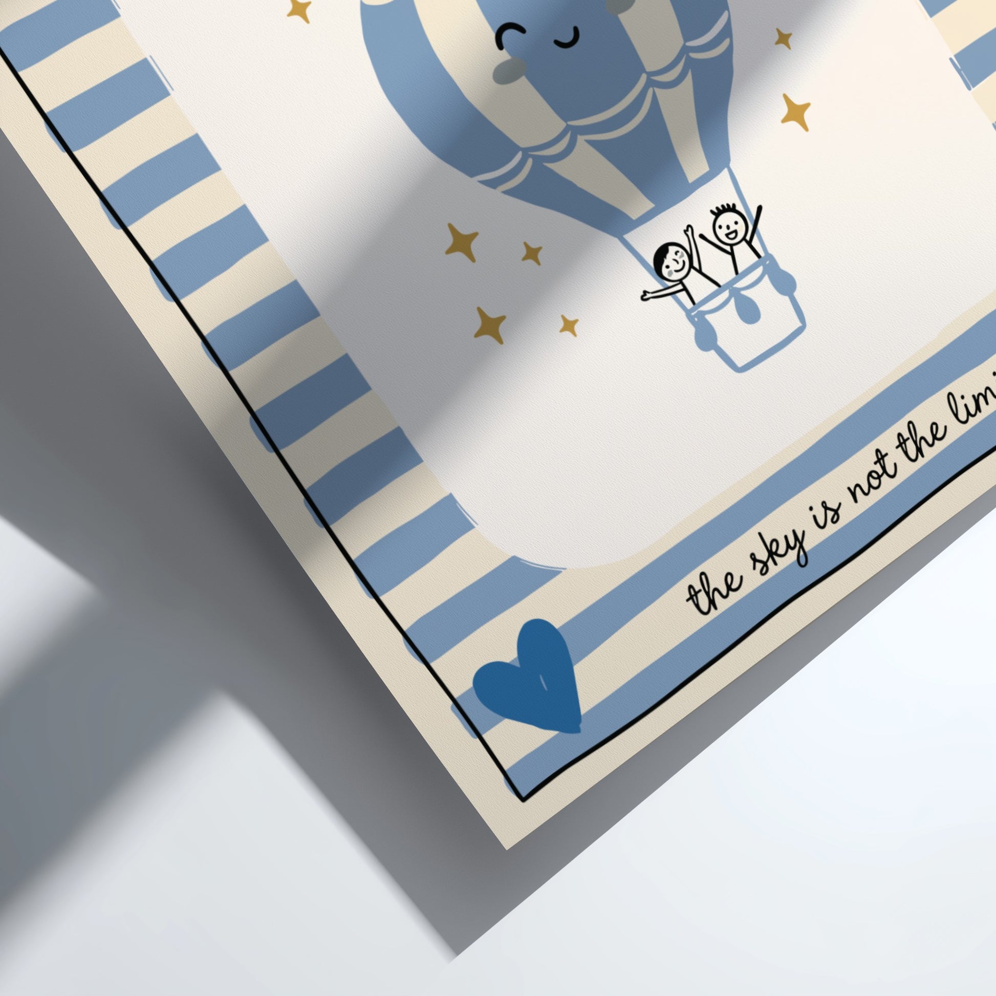 Kids room poster featuring a hot air balloon in soft blue tones, perfect for nursery decor.