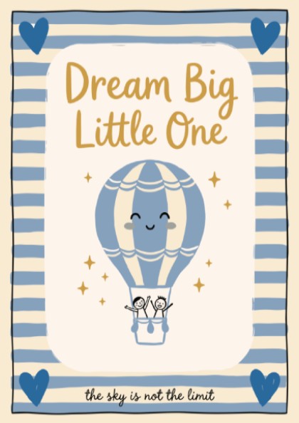 Kids room poster featuring a hot air balloon in soft blue tones, perfect for nursery decor.