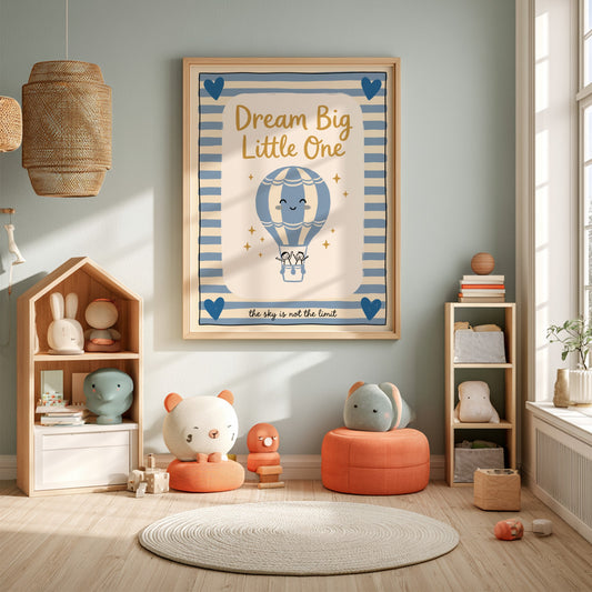 Kids room poster featuring a hot air balloon in soft blue tones, perfect for nursery decor.