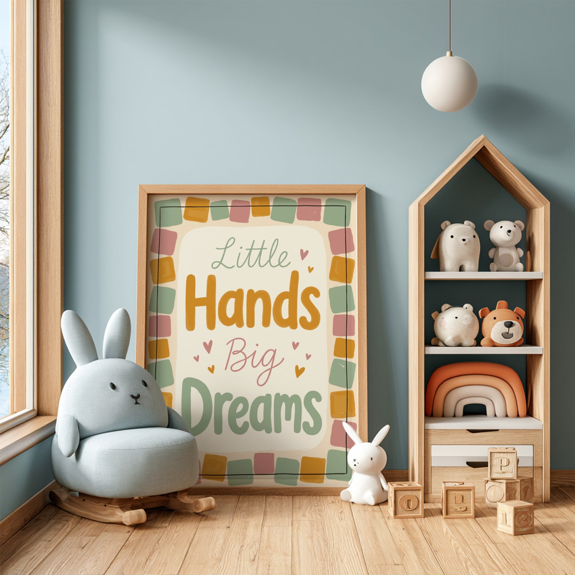 Kids room poster featuring typography design in pastel colors, perfect for nursery decor.