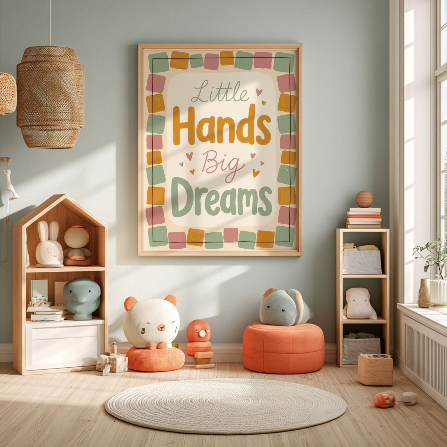 Kids room poster featuring typography design in pastel colors, perfect for nursery decor.