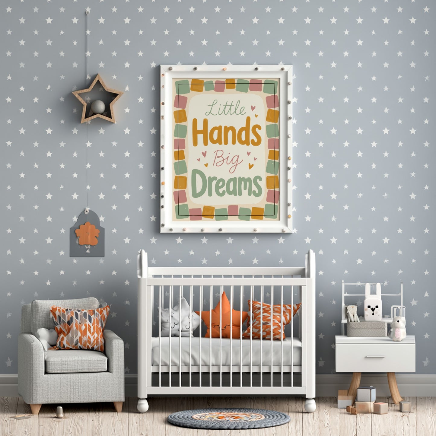 Kids room poster featuring typography design in pastel colors, perfect for nursery decor.