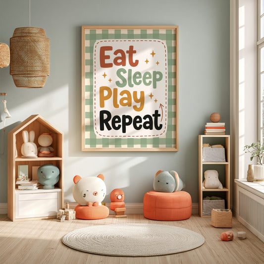 Kids room poster featuring playful typography in warm earthy tones, ideal for nursery decor.