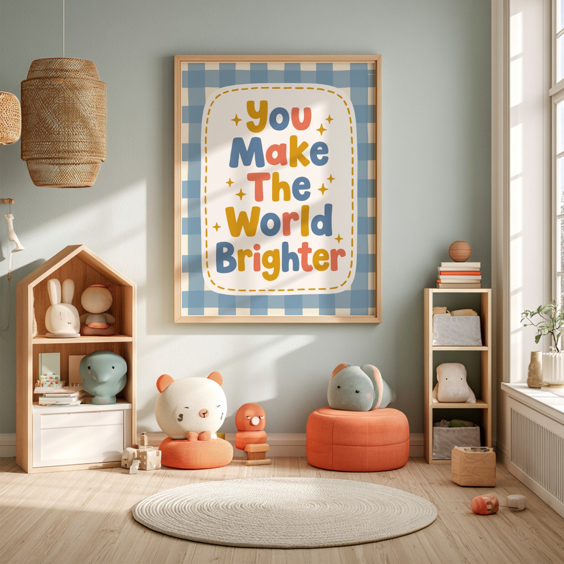 Kids room poster featuring colorful text 'You Make The World Brighter' in playful style