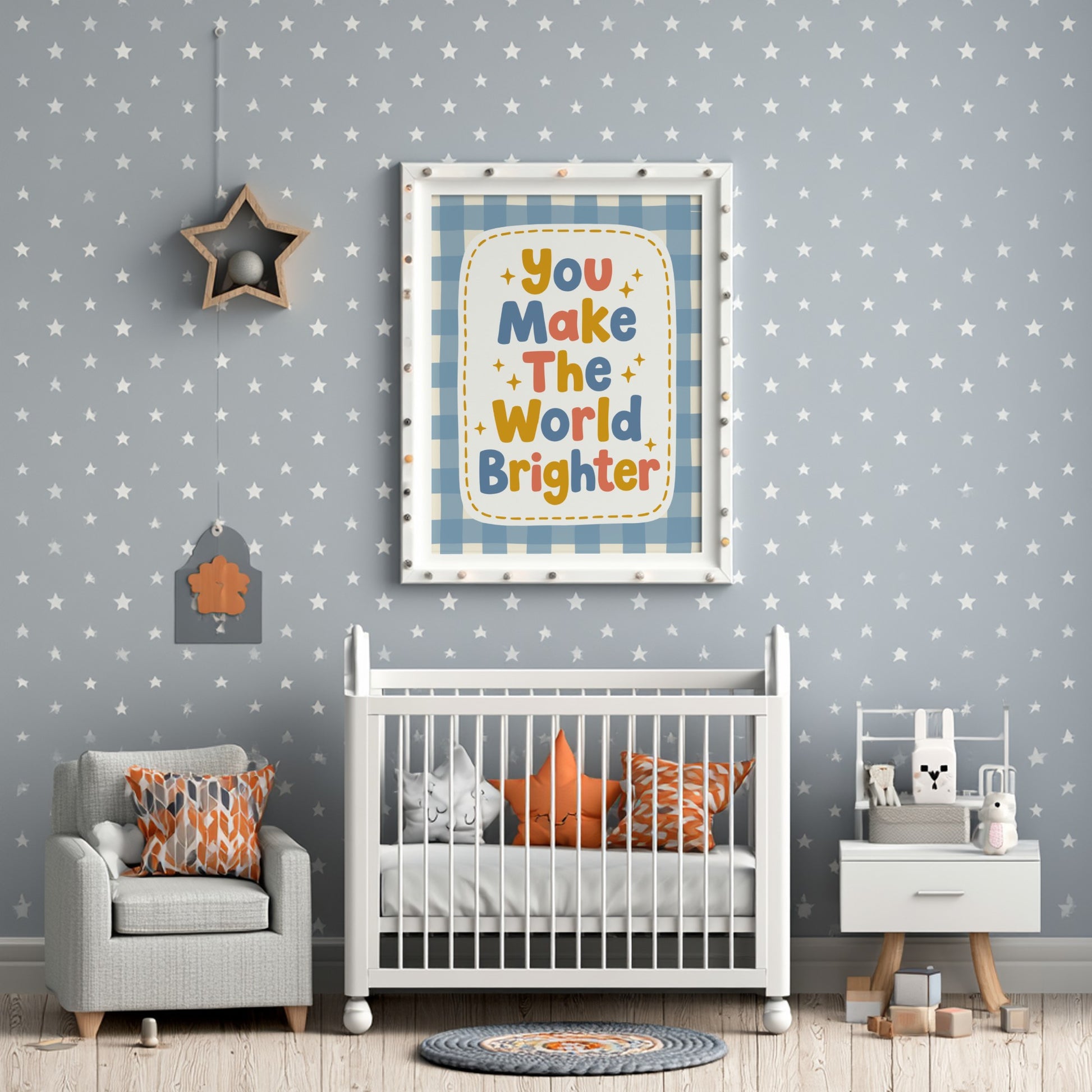 Kids room poster featuring colorful text 'You Make The World Brighter' in playful style