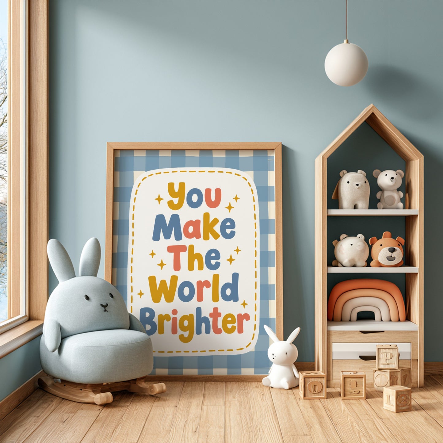 Kids room poster featuring colorful text 'You Make The World Brighter' in playful style