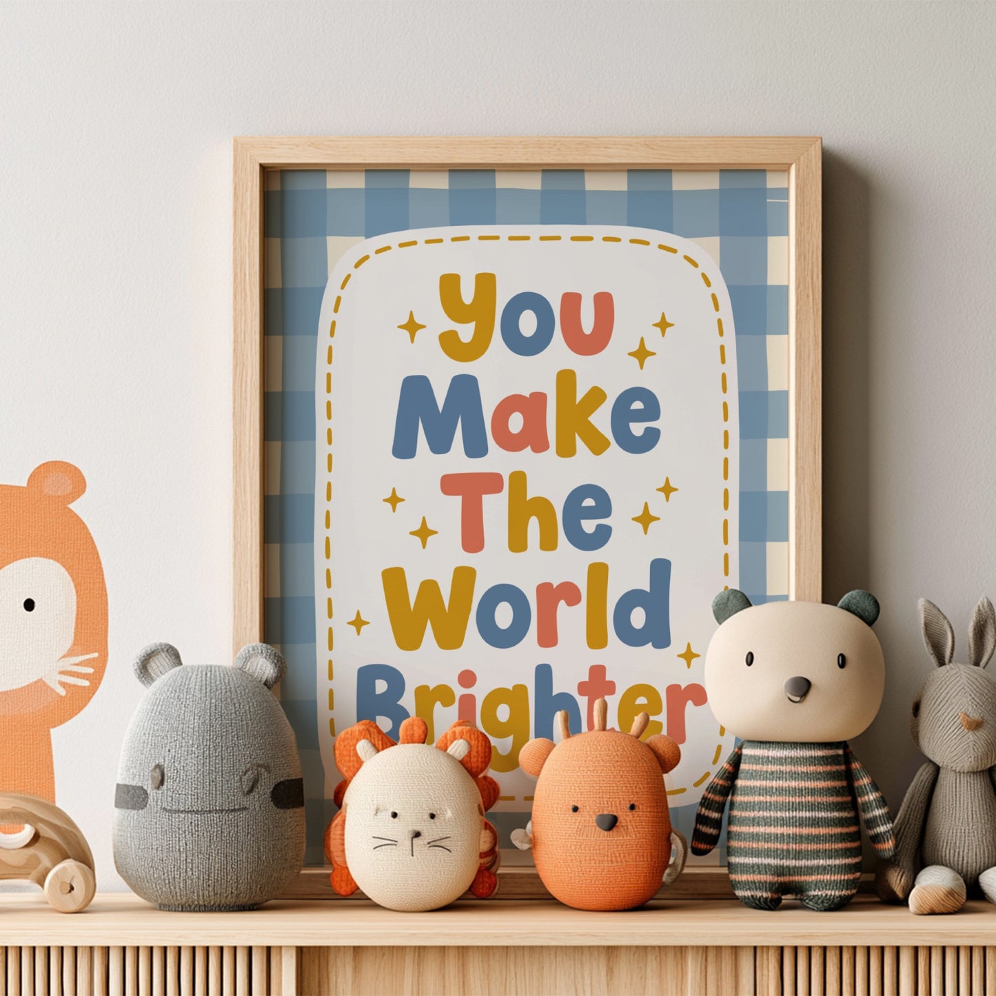 Kids room poster featuring colorful text 'You Make The World Brighter' in playful style