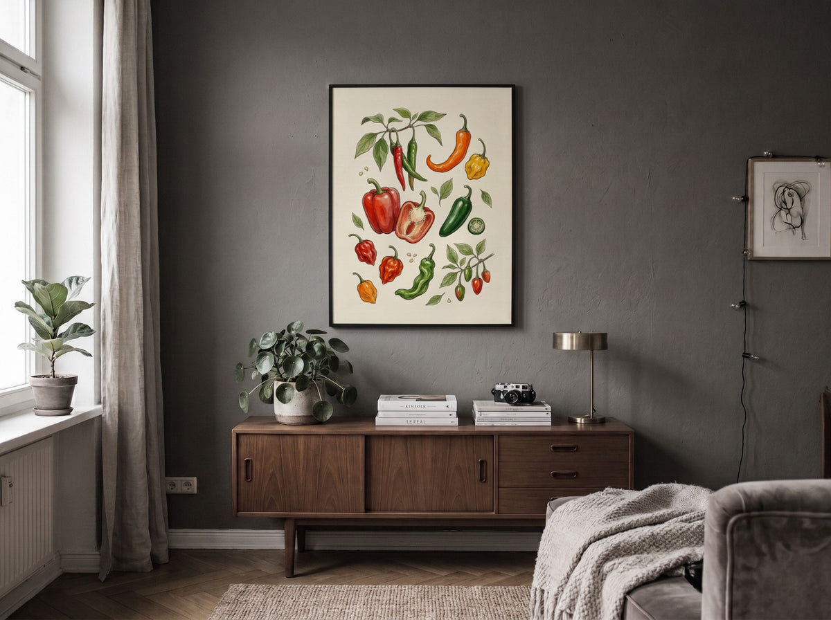 Chili pepper poster featuring red, orange, and green peppers on a cream background.