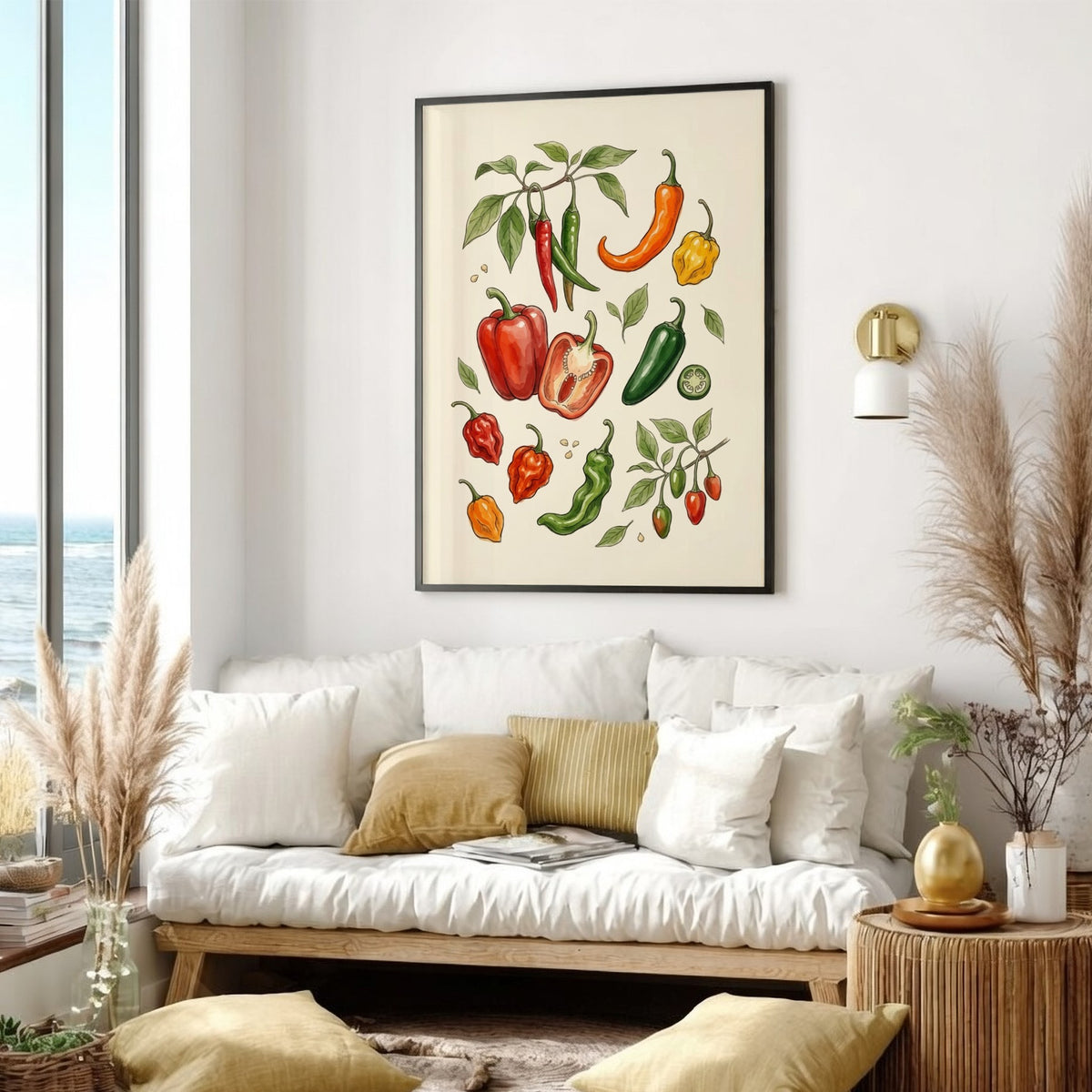 Chili pepper poster featuring red, orange, and green peppers on a cream background.