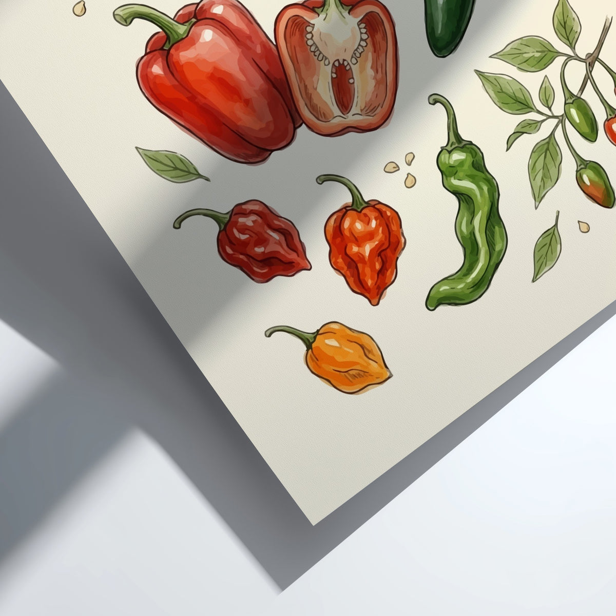 Chili pepper poster featuring red, orange, and green peppers on a cream background.