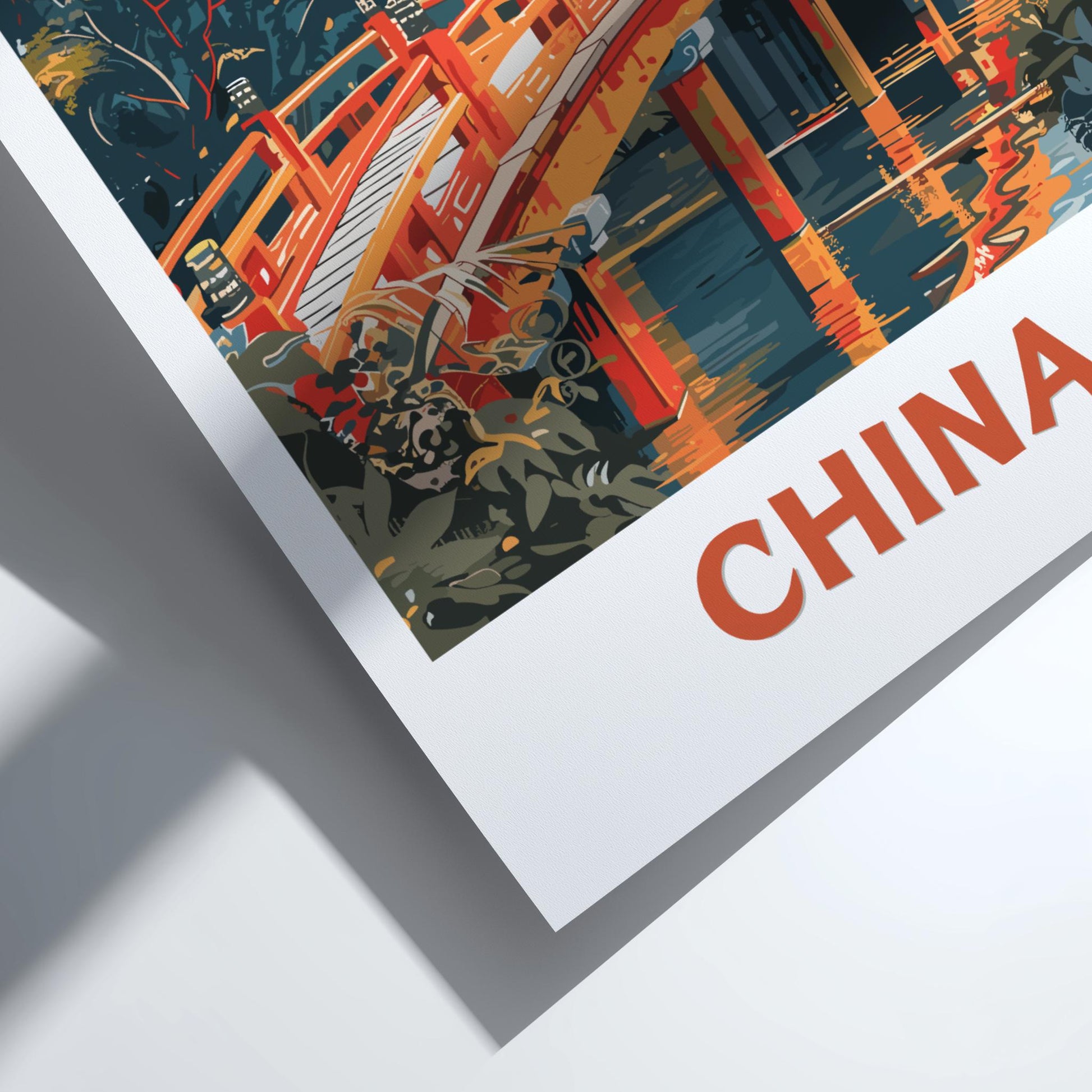 Framed artwork with a Chinese architectural design and the word 'China' on a white background
