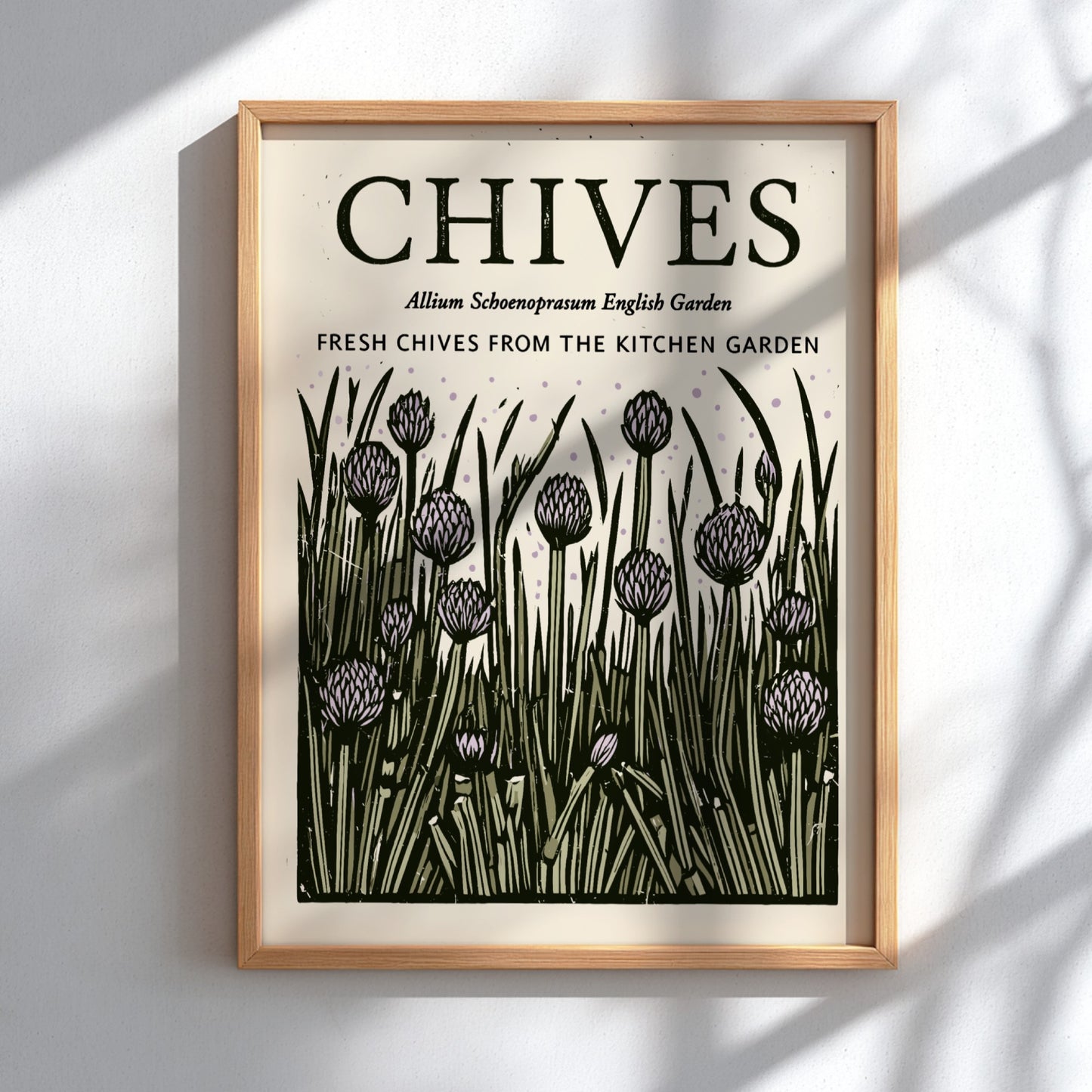 Chives kitchen poster featuring botanical illustration in green and purple tones, perfect for wall decor.