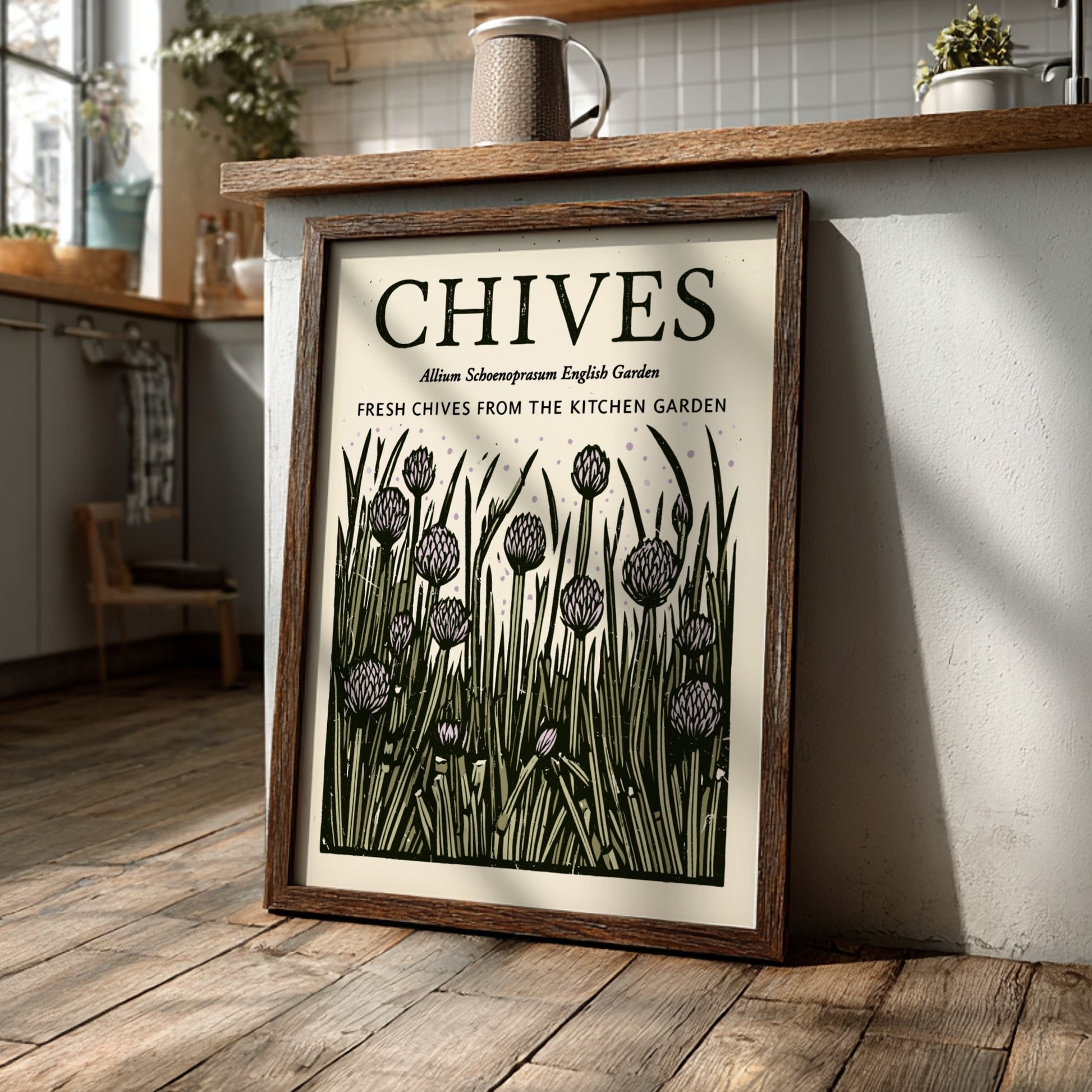 Chives kitchen poster featuring botanical illustration in green and purple tones, perfect for wall decor.