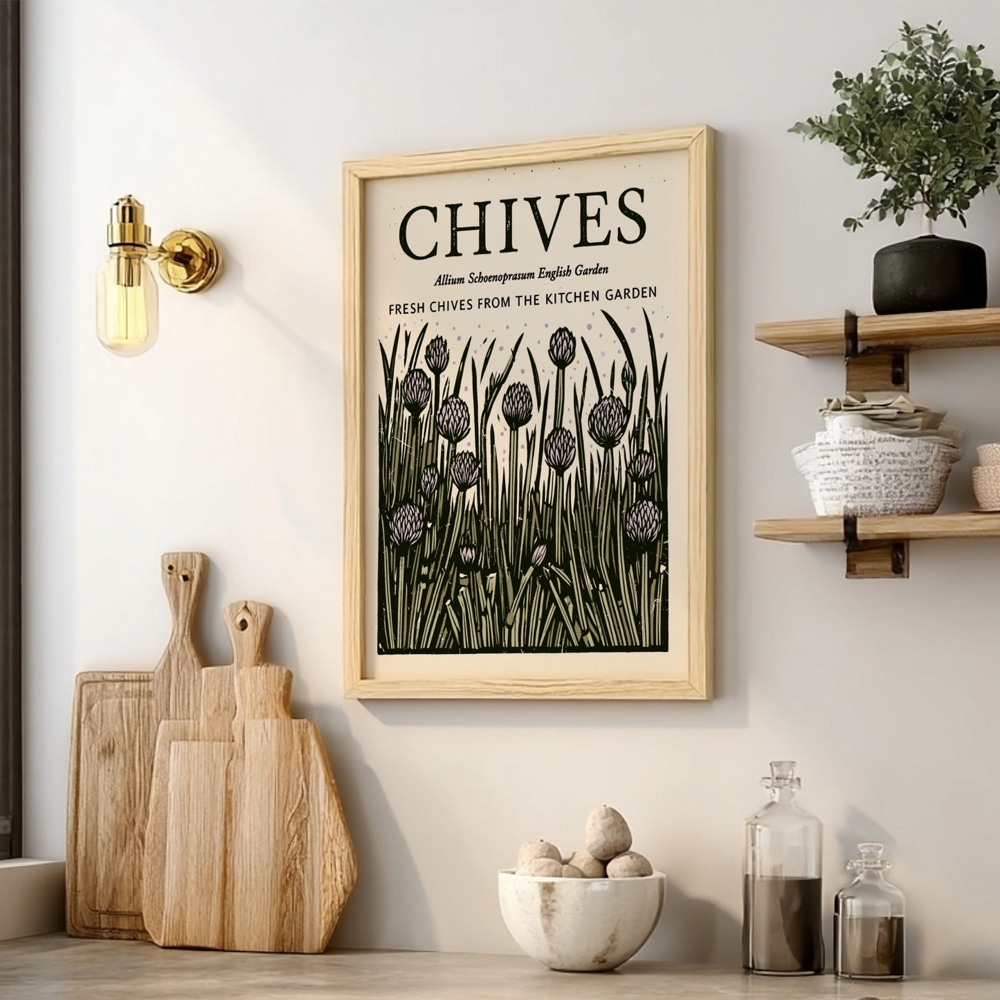 Chives kitchen poster featuring botanical illustration in green and purple tones, perfect for wall decor.
