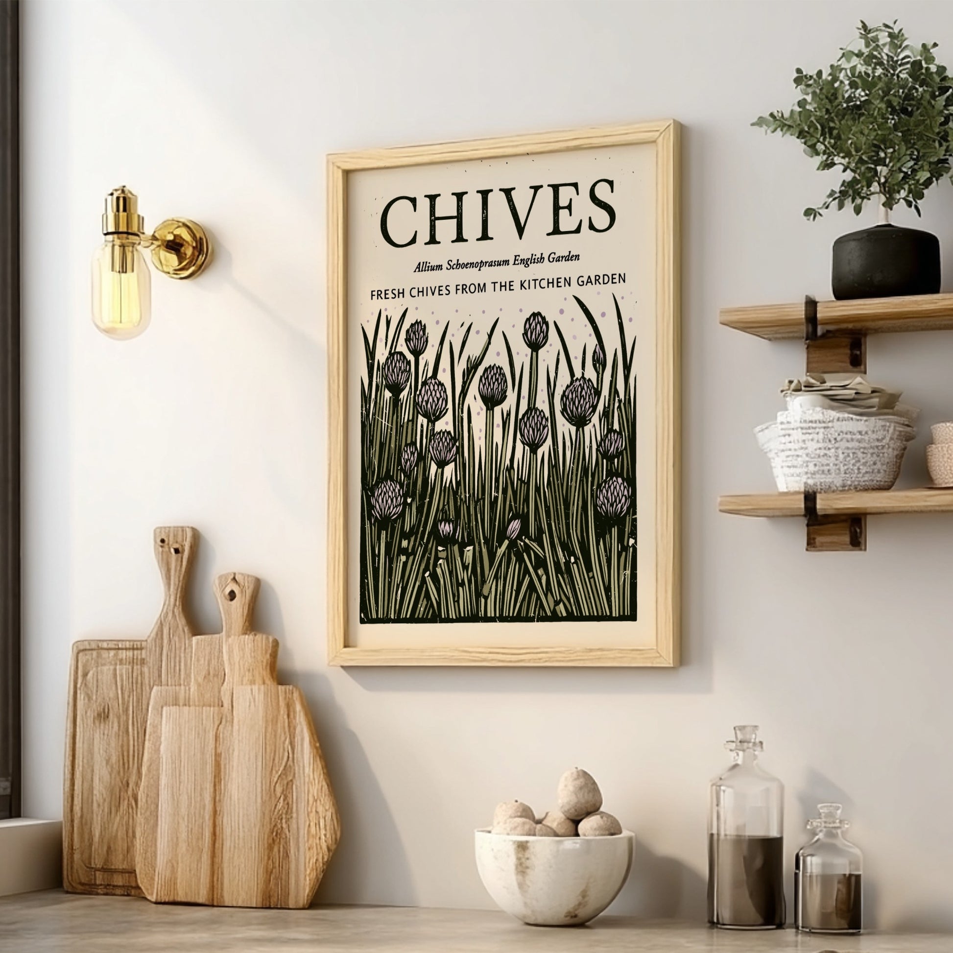 Chives kitchen poster featuring botanical illustration in green and purple tones, perfect for wall decor.
