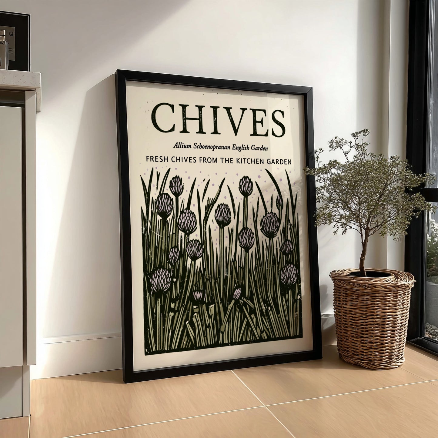 Chives kitchen poster featuring botanical illustration in green and purple tones, perfect for wall decor.