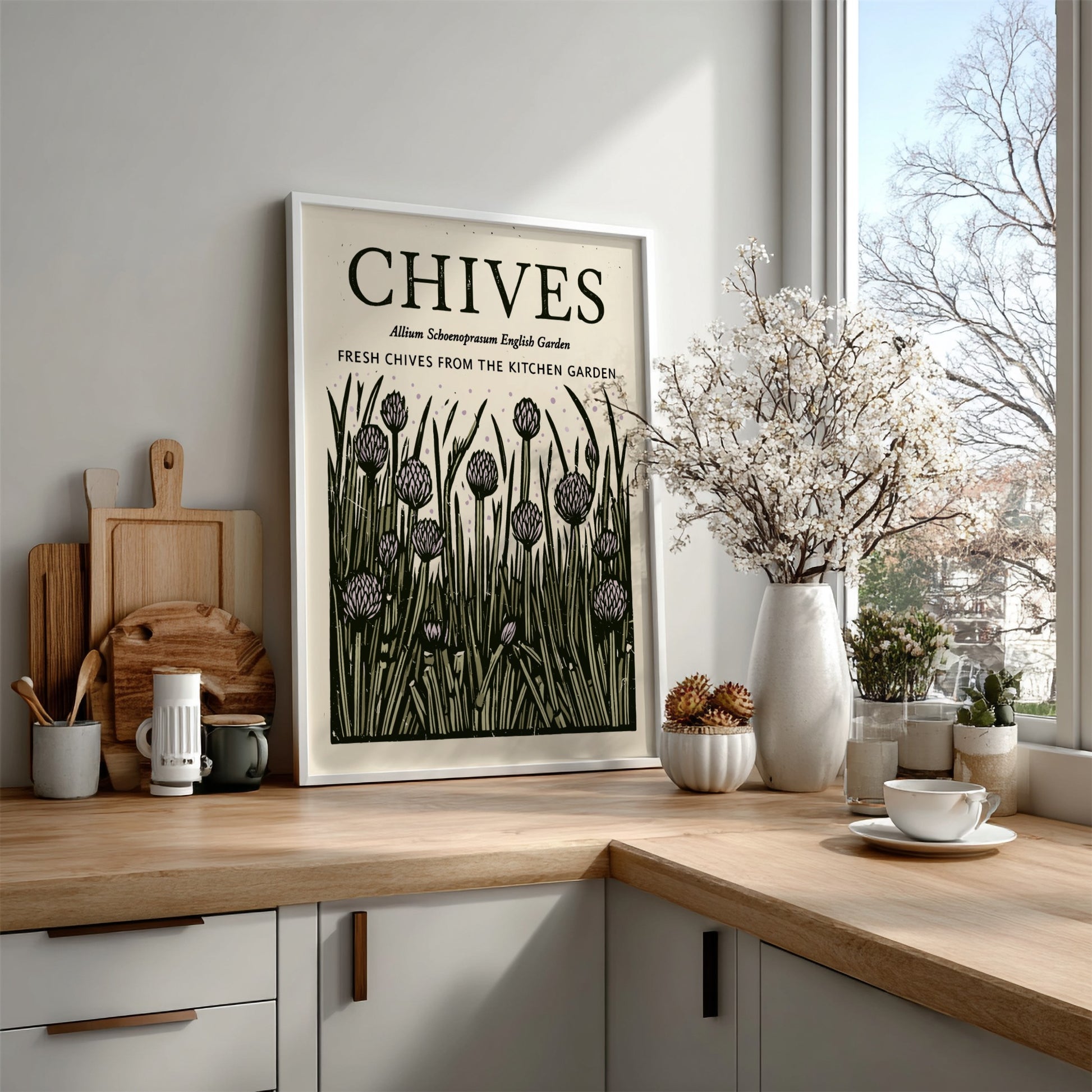 Chives kitchen poster featuring botanical illustration in green and purple tones, perfect for wall decor.