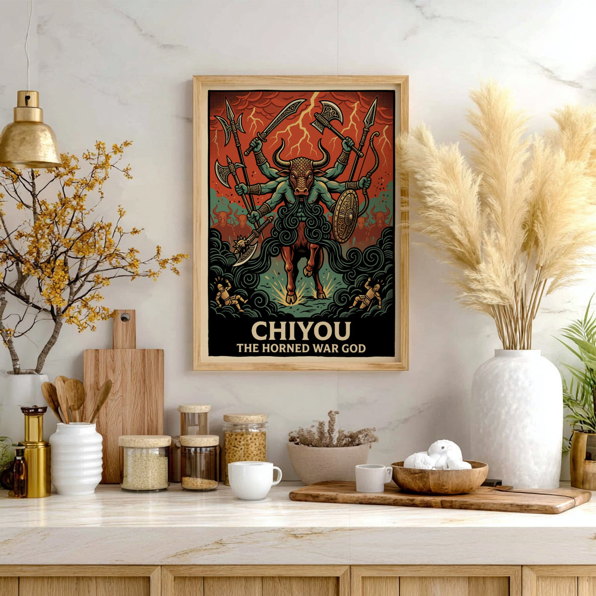 Poster of Chiyou the Horned War God with six arms wielding weapons in battle