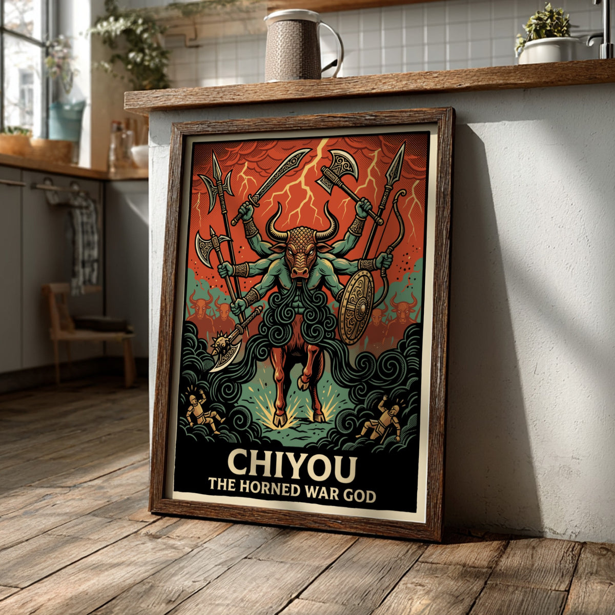 Poster of Chiyou the Horned War God with six arms wielding weapons in battle