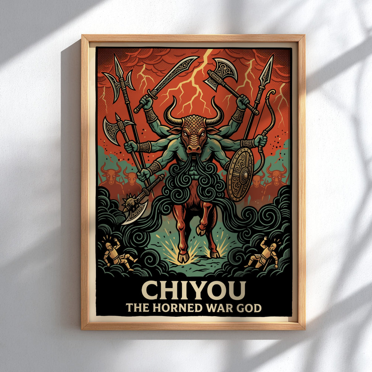 Poster of Chiyou the Horned War God with six arms wielding weapons in battle