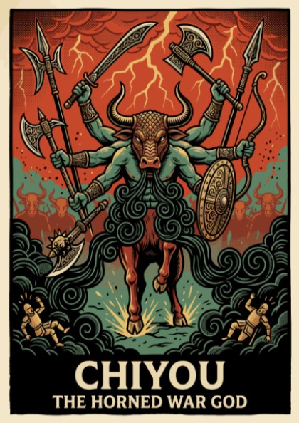 Poster of Chiyou the Horned War God with six arms wielding weapons in battle
