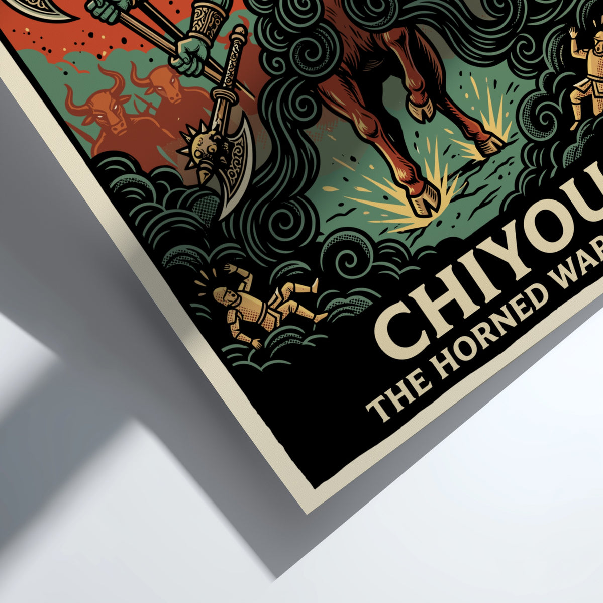 Poster of Chiyou the Horned War God with six arms wielding weapons in battle