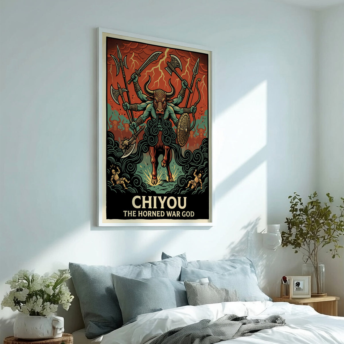 Poster of Chiyou the Horned War God with six arms wielding weapons in battle