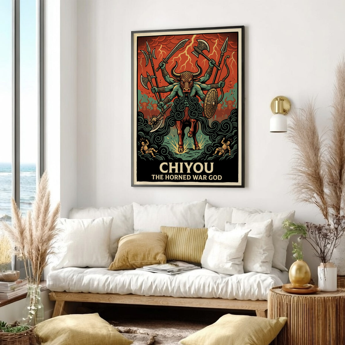 Poster of Chiyou the Horned War God with six arms wielding weapons in battle