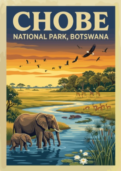 Chobe National Park poster featuring elephants, sunset colors, and wildlife art