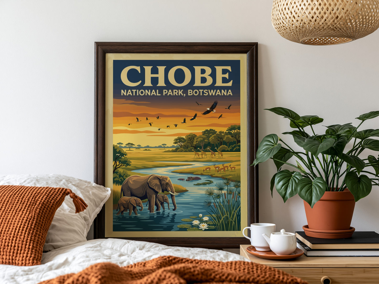 Chobe National Park poster featuring elephants, sunset colors, and wildlife art